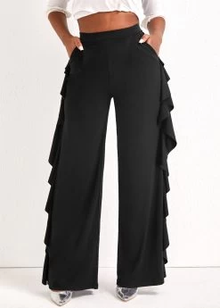 Black Ruffle Wide Leg High Waisted Pants