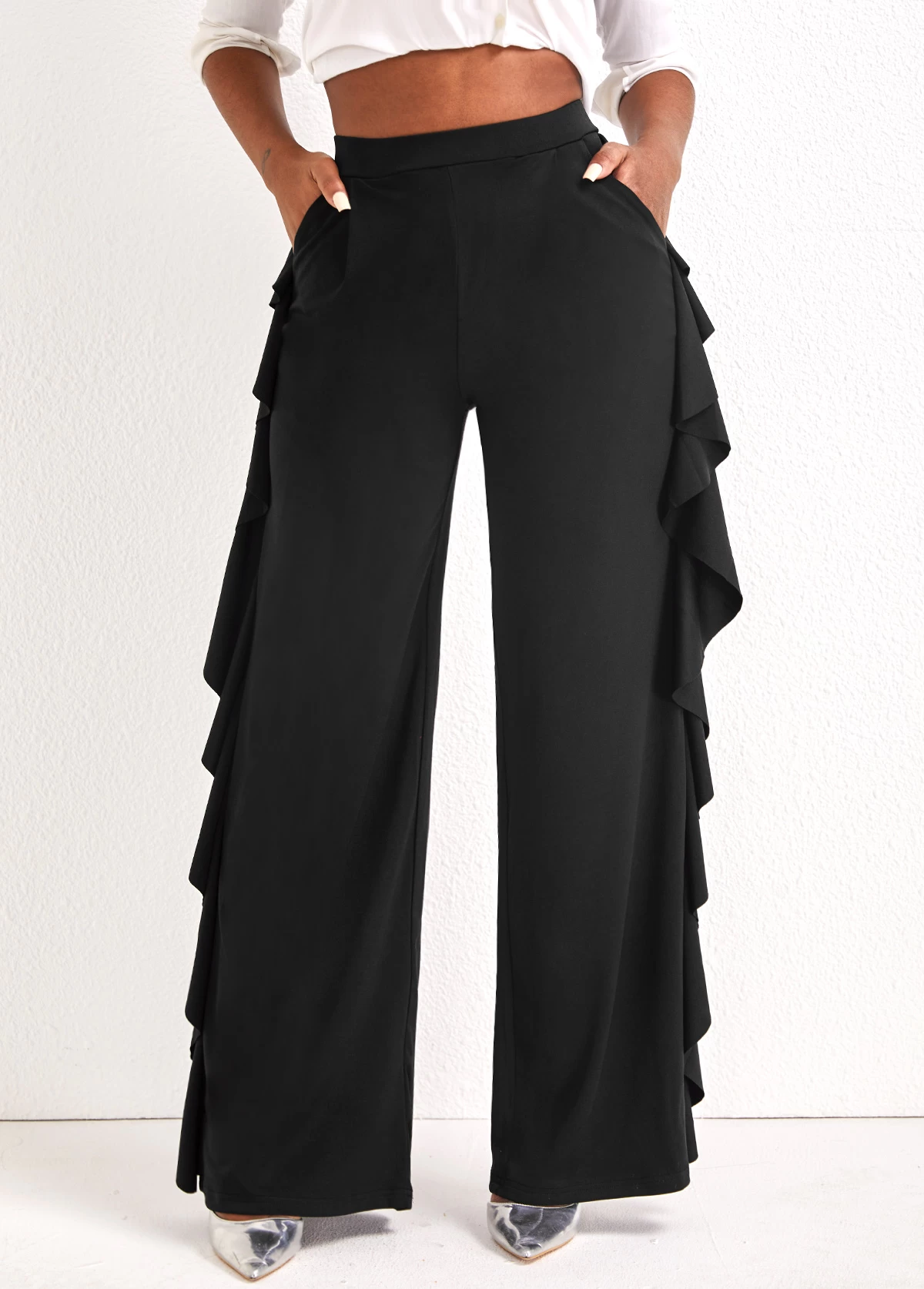 Black Ruffle Wide Leg High Waisted Pants