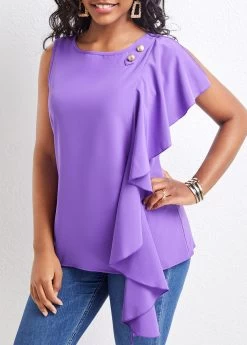 Purple Ruffle Sleeveless Round Neck Blouse