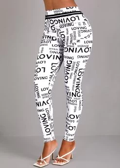 White Letter Print High Waisted Ankle Length Leggings