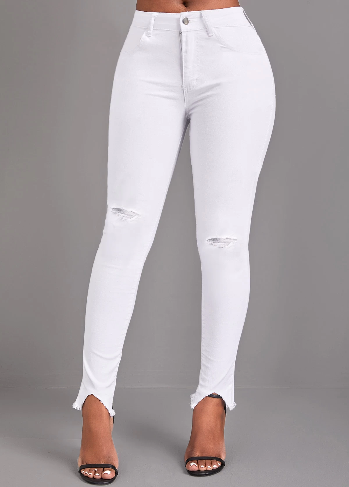 White Button Skinny High Waisted Jeans - Image 4