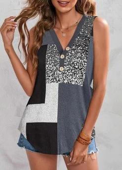 Grey Button V Neck Tank Top