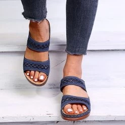 Navy Open Toe Falt Hollow Sliders