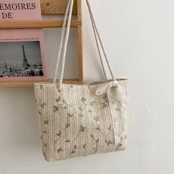 Beige Floral Print Magnetic Bowknot Storage Bag