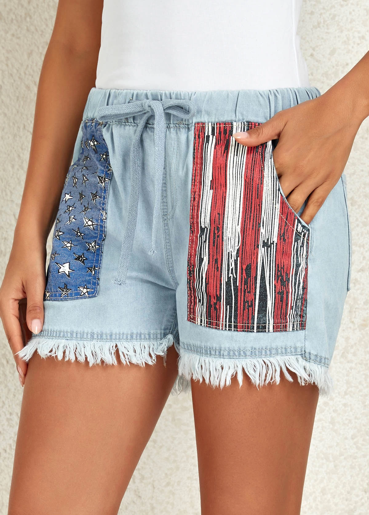 Dusty Blue Pocket Flag Print Regular Drawastring Jeans - Image 3