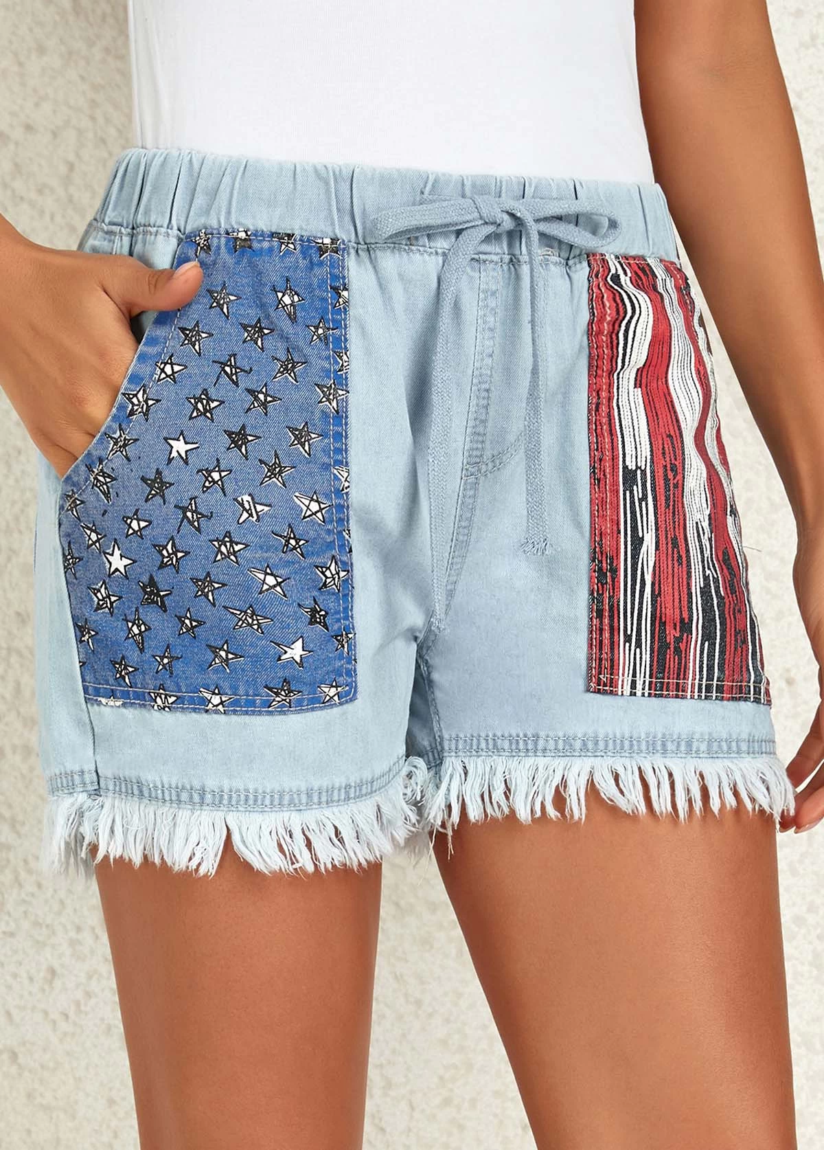 Dusty Blue Pocket Flag Print Regular Drawastring Jeans