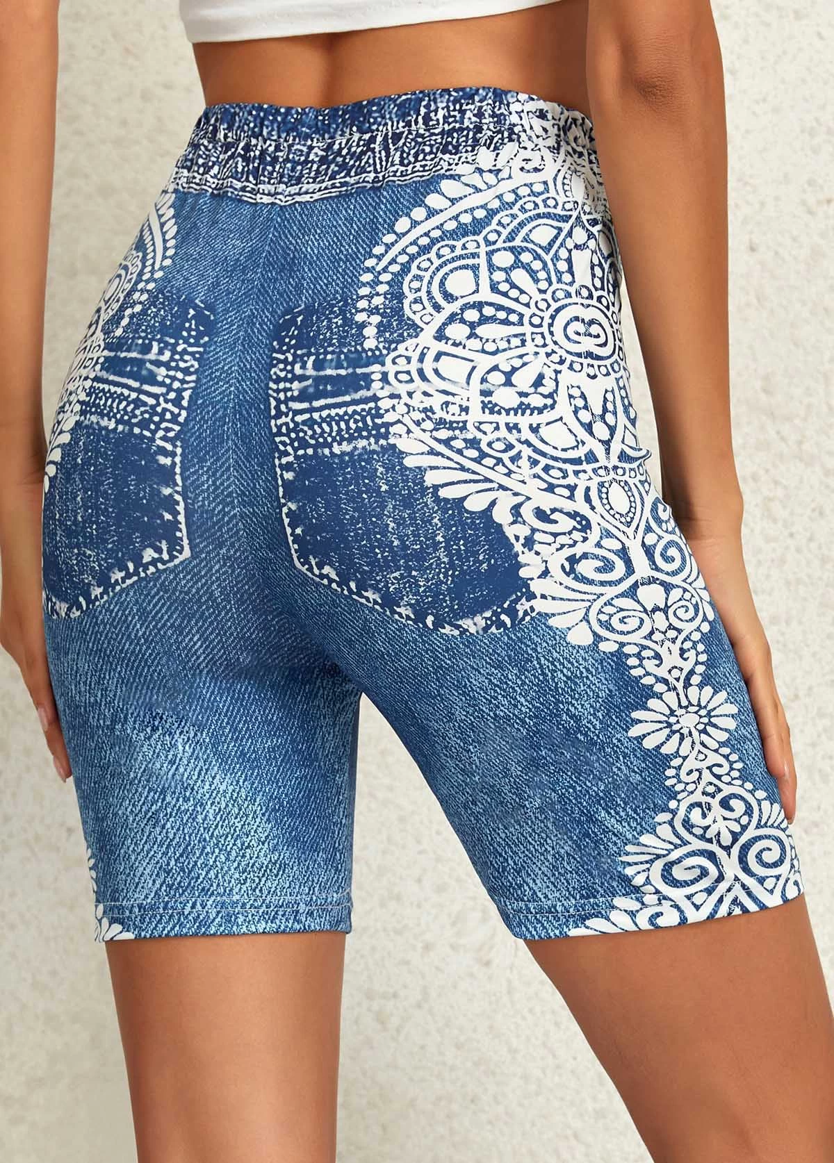 Denim Blue Tribal Print Skinny Elastic Waist Shorts - Image 2