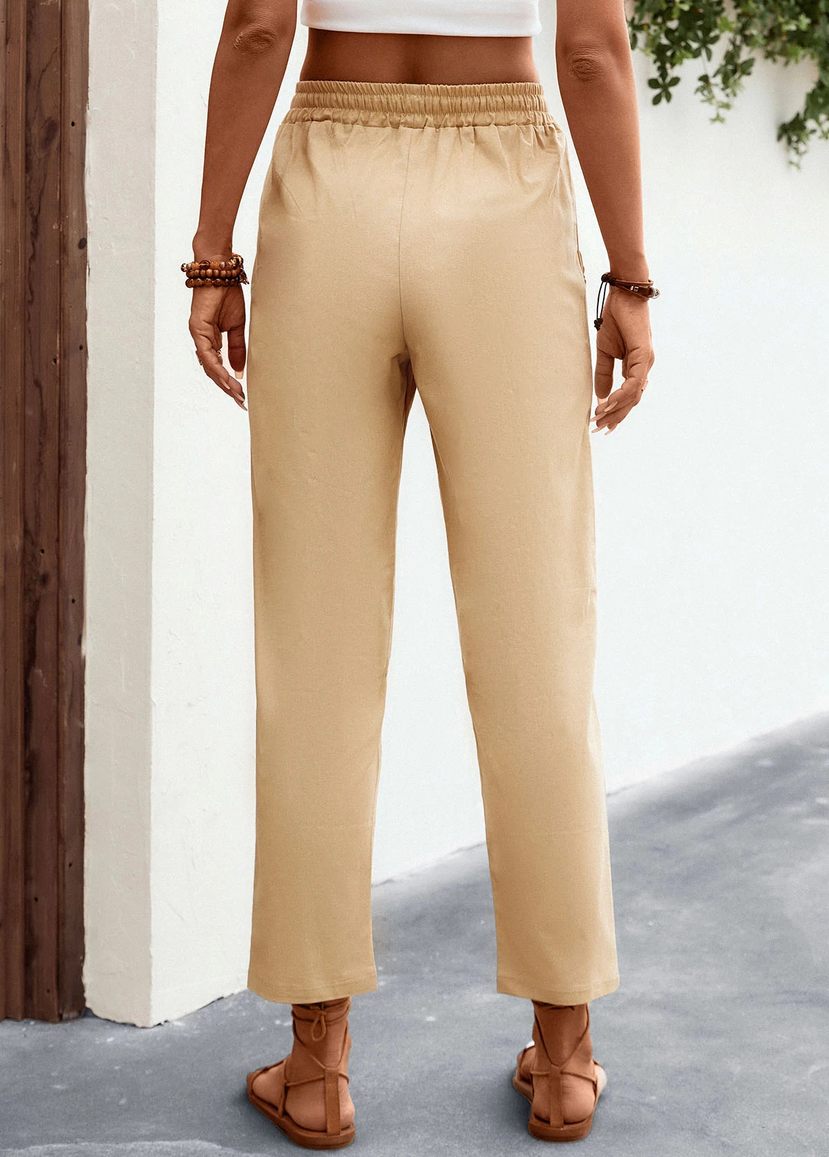 Light Camel Pocket Regular Elastic Waist Pants - Image 3