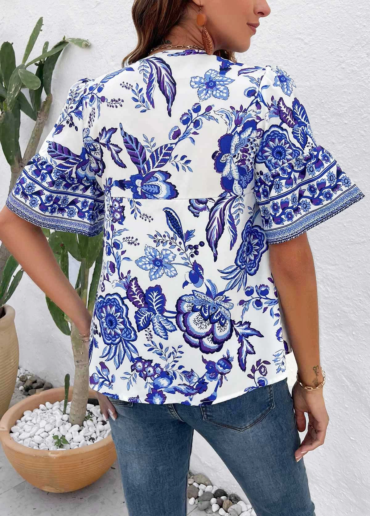 Royal Blue Button Floral Print T Shirt - Image 2