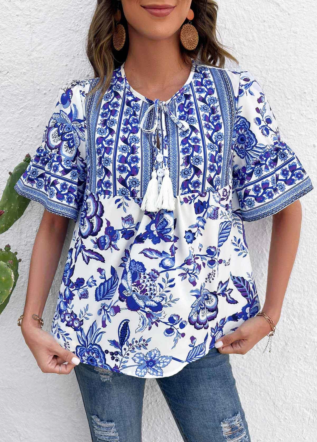 Royal Blue Button Floral Print T Shirt - Image 4