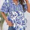 Royal Blue Button Floral Print T Shirt