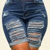Denim Blue Hole Skinny Zipper Fly Shorts