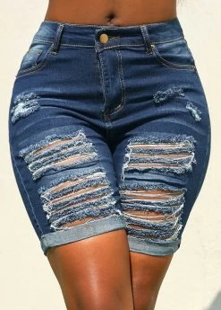 Denim Blue Hole Skinny Zipper Fly Shorts