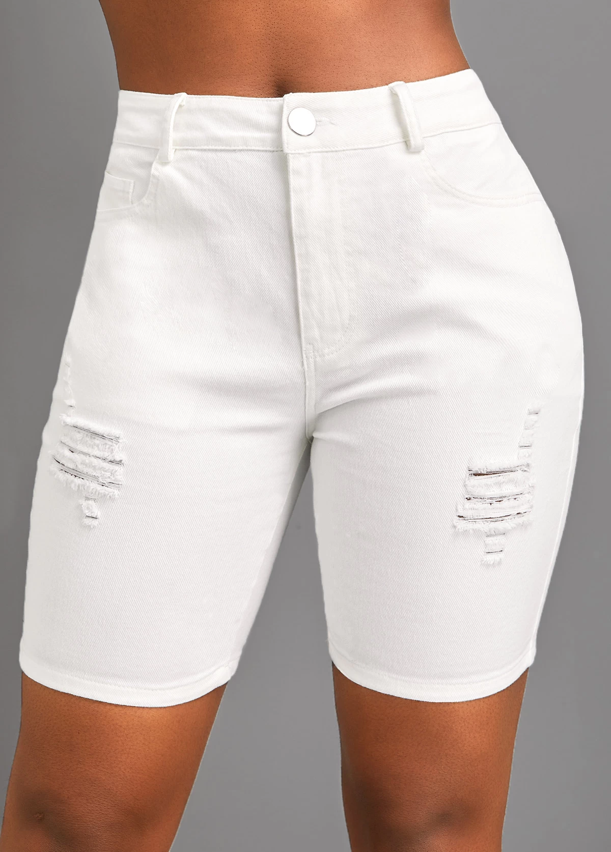 White Pocket Skinny Zipper Fly High Waisted Shorts - Image 3