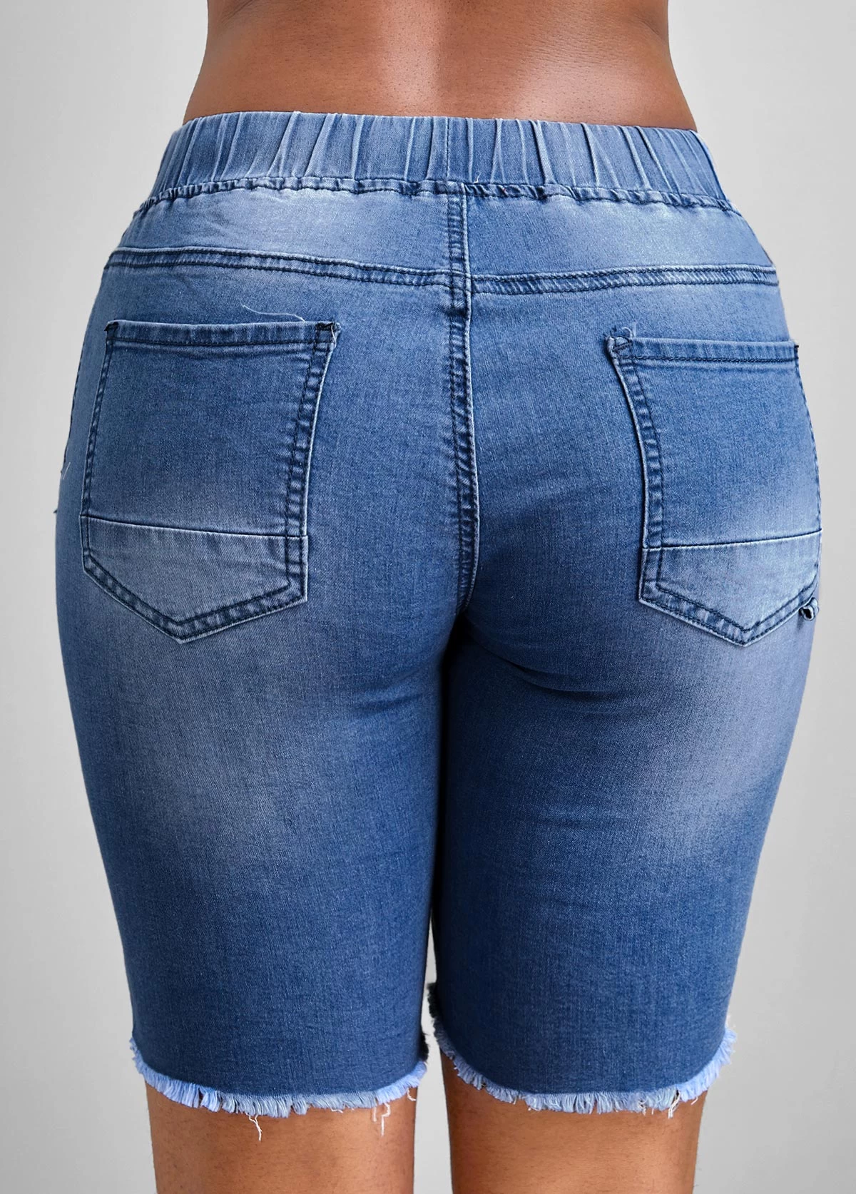 Blue Hole Skinny Elastic Waist Mid Waisted Denim Shorts - Image 2