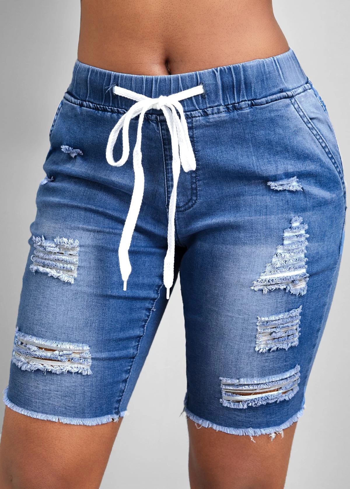 Blue Hole Skinny Elastic Waist Mid Waisted Denim Shorts - Image 3