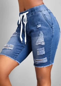 Blue Hole Skinny Elastic Waist Mid Waisted Denim Shorts