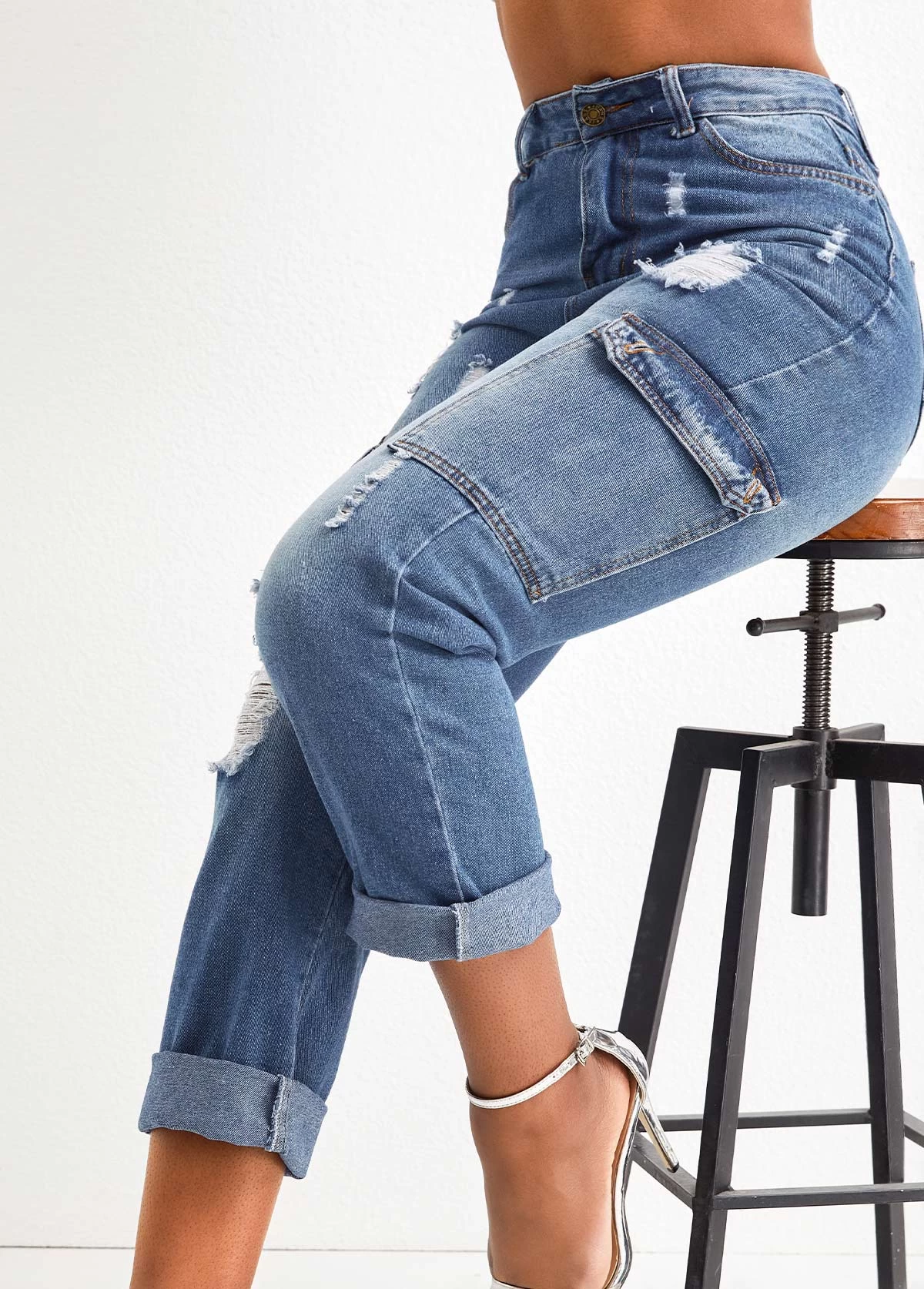 Dark Blue Hole Regular Zipper Fly Jeans - Image 4