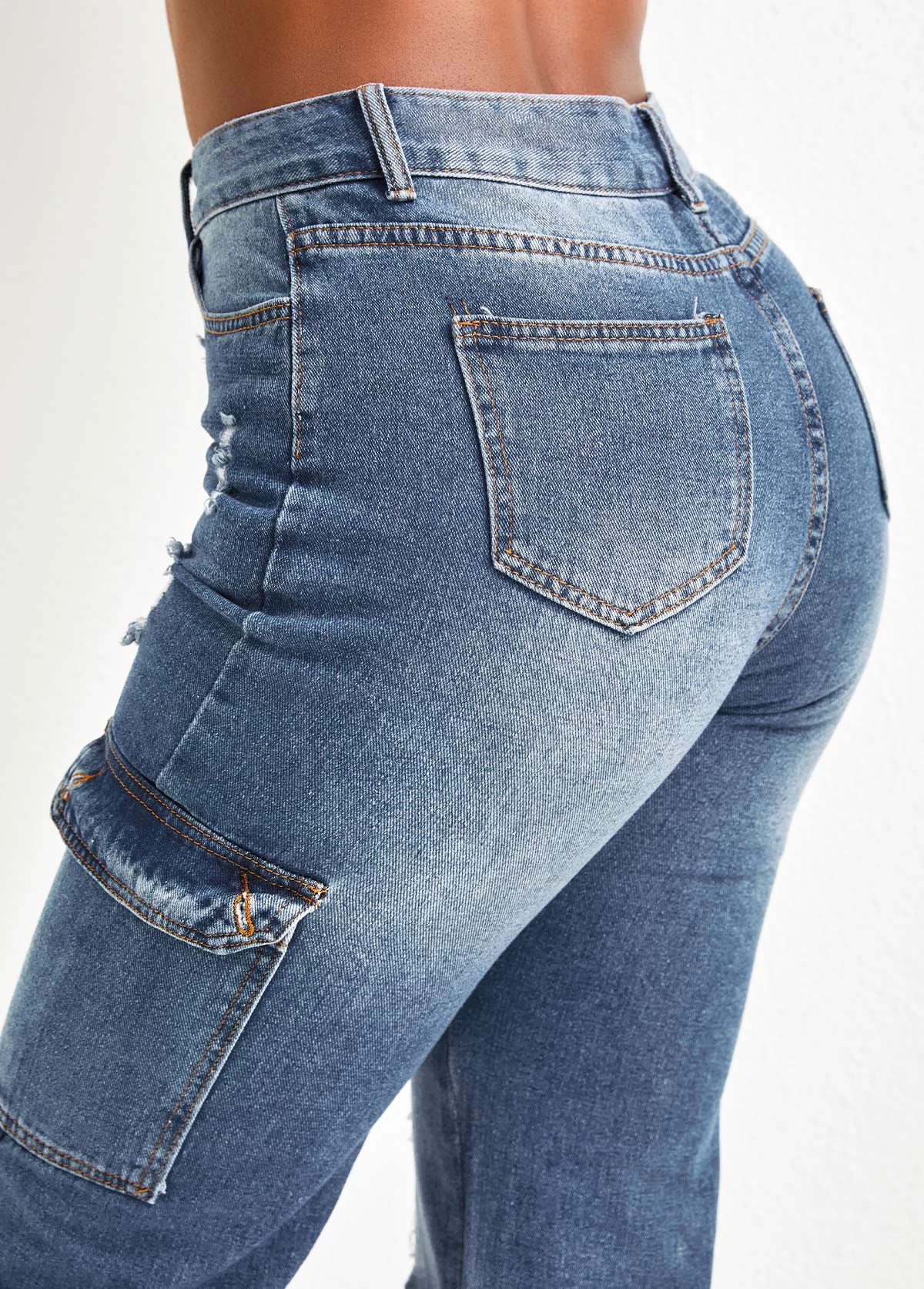 Dark Blue Hole Regular Zipper Fly Jeans - Image 5