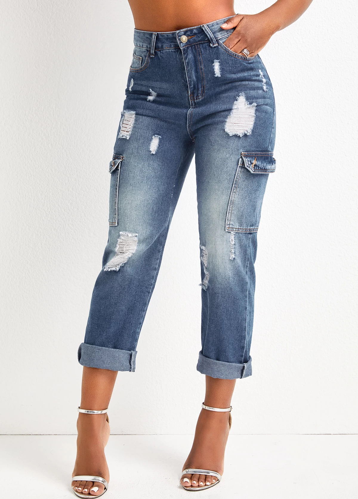 Dark Blue Hole Regular Zipper Fly Jeans - Image 3