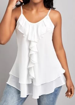 White Ruffle Strappy Scoop Neck Camisole Top