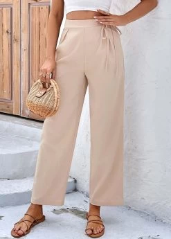 Light Coffee Bowknot Drawastring High Waisted Pants