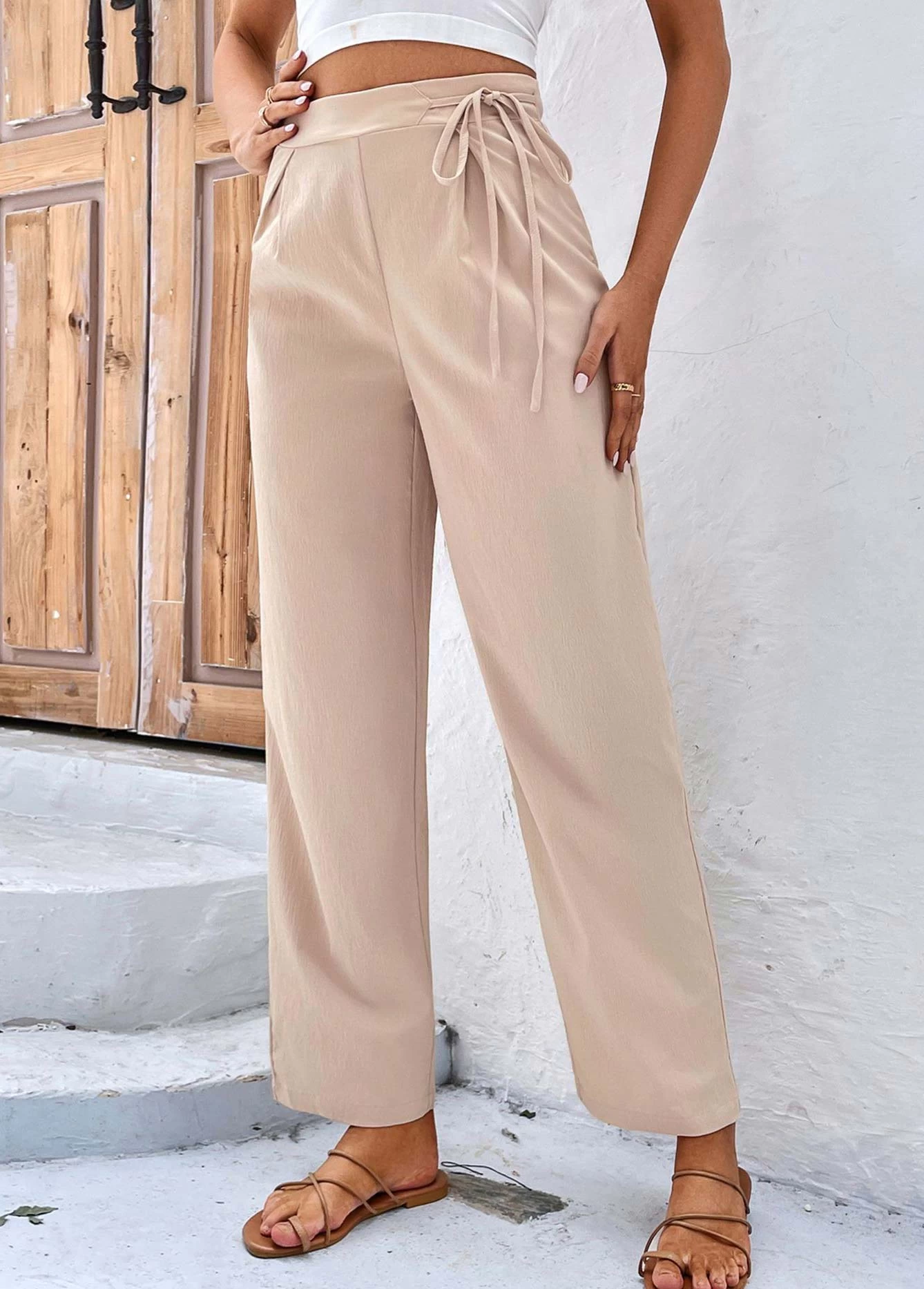 Light Coffee Bowknot Drawastring High Waisted Pants - Image 4
