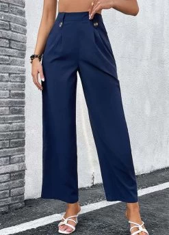 Navy Button Elastic Waist High Waisted Pants