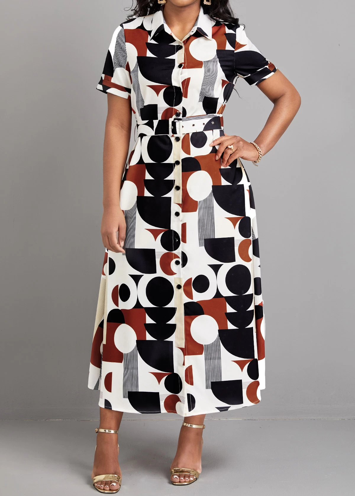 Multi Color Button Geometric Print Belted Dress - Image 4