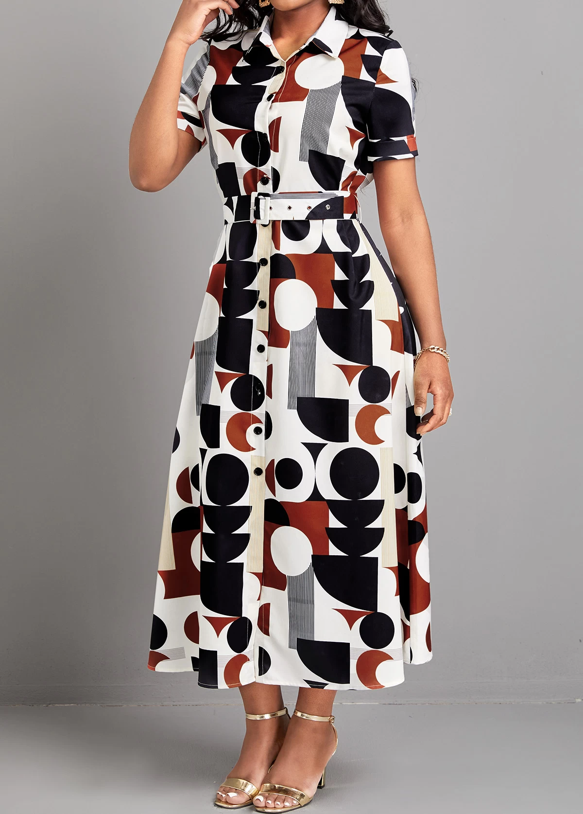 Multi Color Button Geometric Print Belted Dress - Image 3