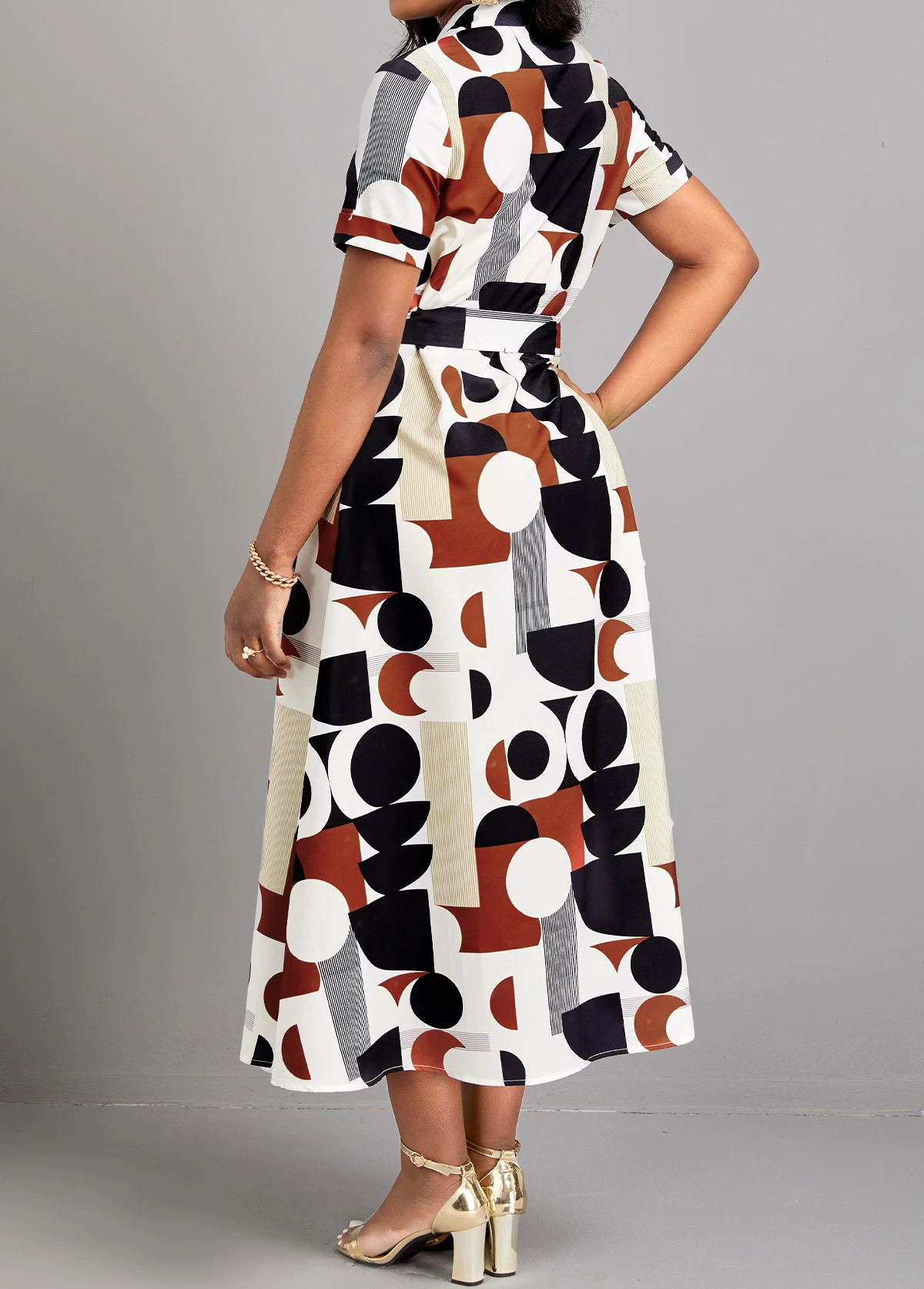 Multi Color Button Geometric Print Belted Dress - Image 2