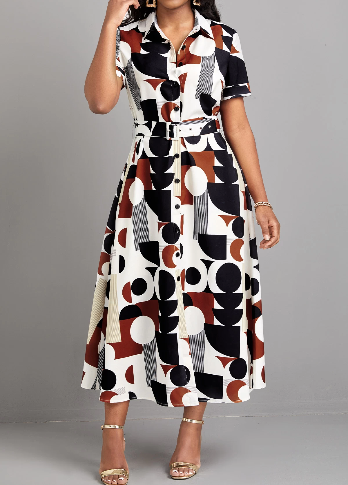Multi Color Button Geometric Print Belted Dress - Image 5