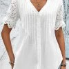 White Scalloped Hem Short Sleeve Split Neck Blouse