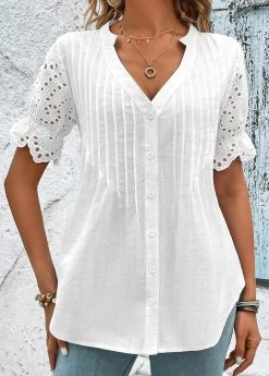 White Scalloped Hem Short Sleeve Split Neck Blouse