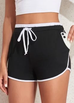 Black Contrast Binding Regular Drawastring High Waisted Shorts