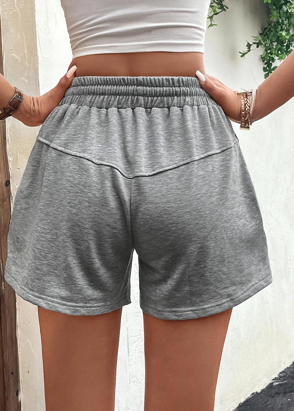 Stretch Grey Drawstring High Waisted Shorts - Image 2