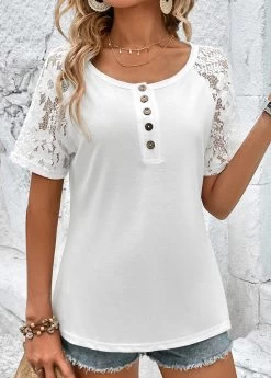 White Button Short Sleeve Round Neck T Shirt
