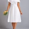 White Umbrella Hem Short Sleeve V Neck Dress