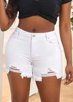 White Pocket Skinny Zipper Fly Mid Waisted Denim Shorts
