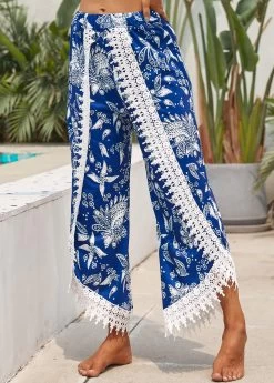 Blue Patchwork Tribal Print Elastic Waist Pants