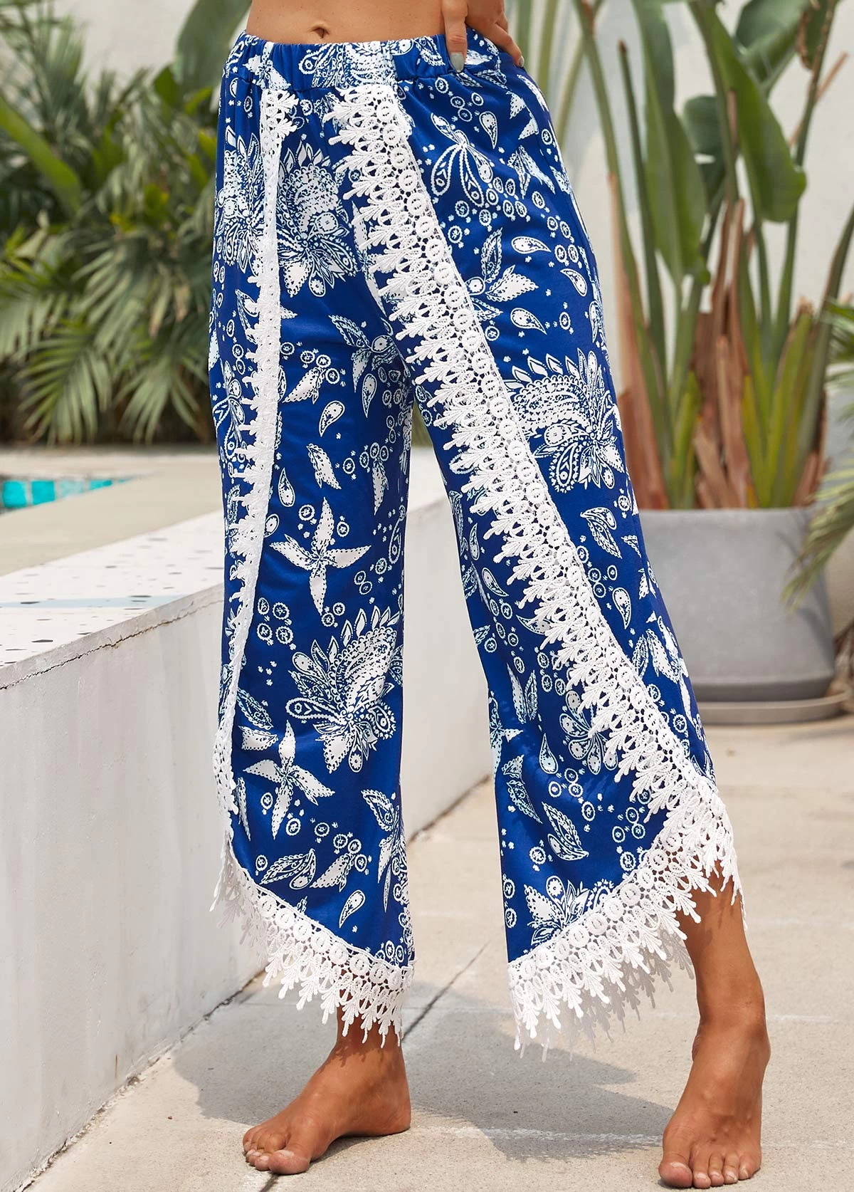 Blue Patchwork Tribal Print Elastic Waist Pants