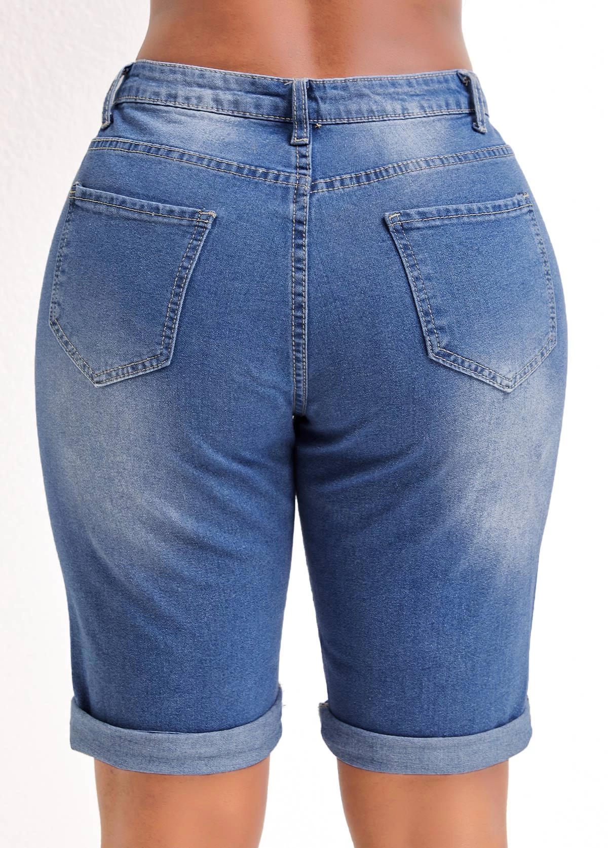 Blue Pocket Skinny Zipper Fly Mid Waisted Denim Shorts - Image 2