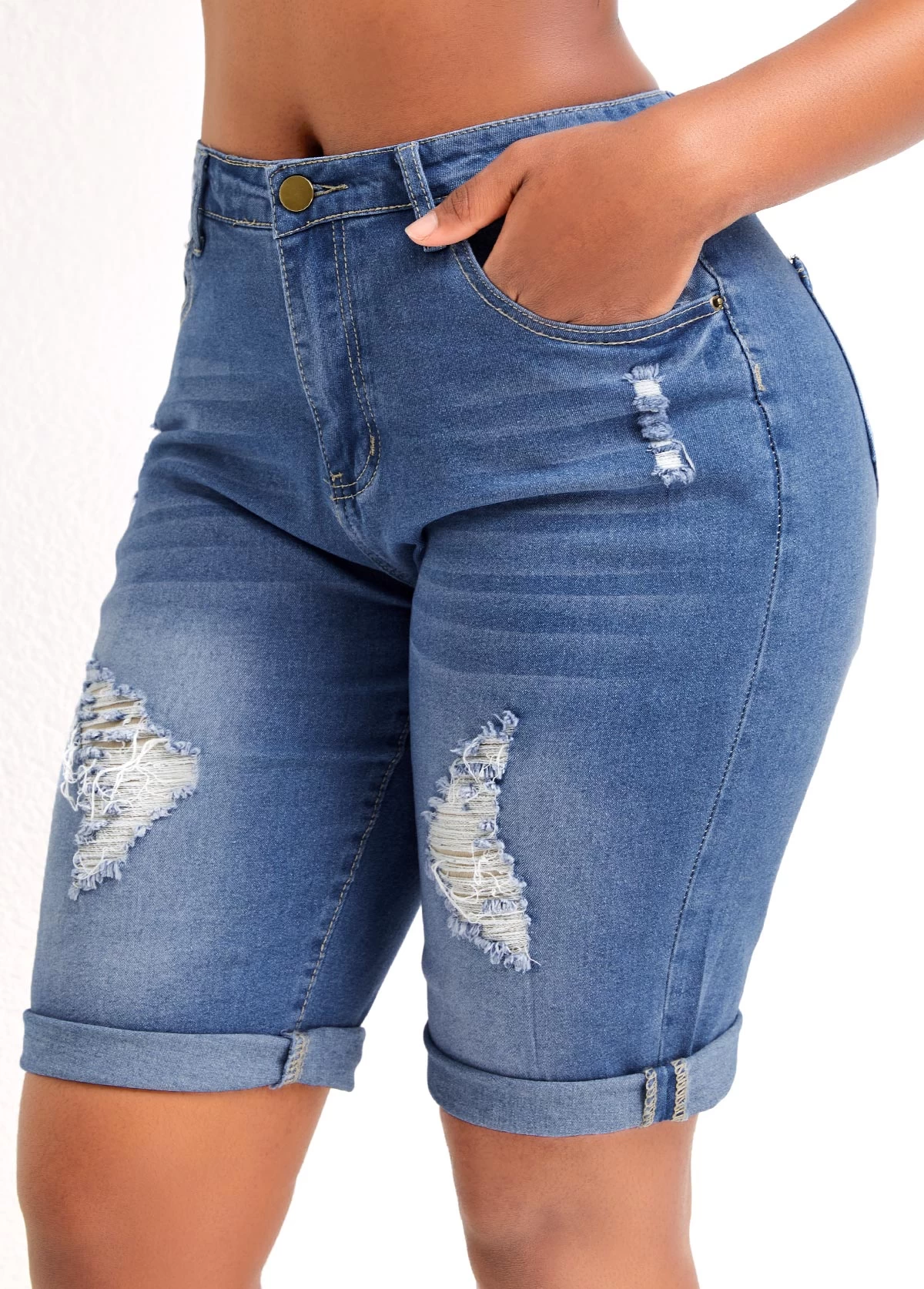 Blue Pocket Skinny Zipper Fly Mid Waisted Denim Shorts