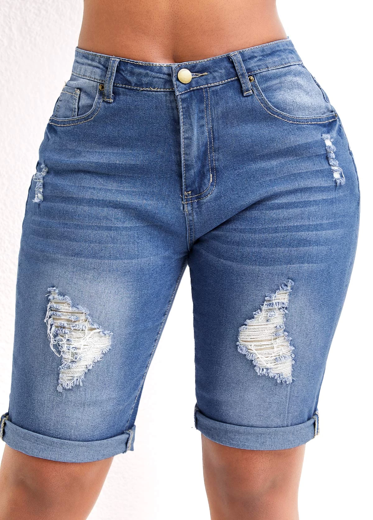 Blue Pocket Skinny Zipper Fly Mid Waisted Denim Shorts - Image 3