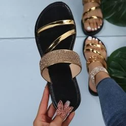 Golden Shinning Open Toe Falt Sliders