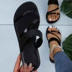 Black Open Toe Falt PU Sliders