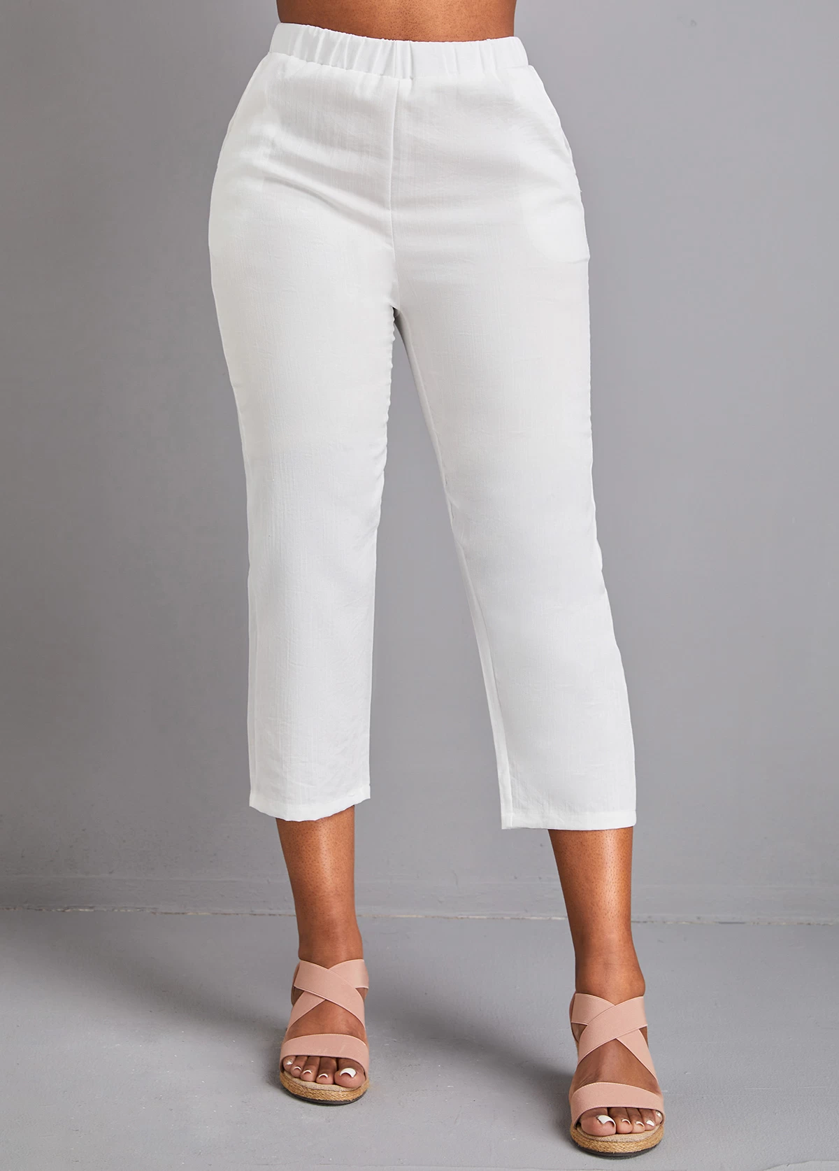 White Pocket Elastic Waist High Waisted Pants