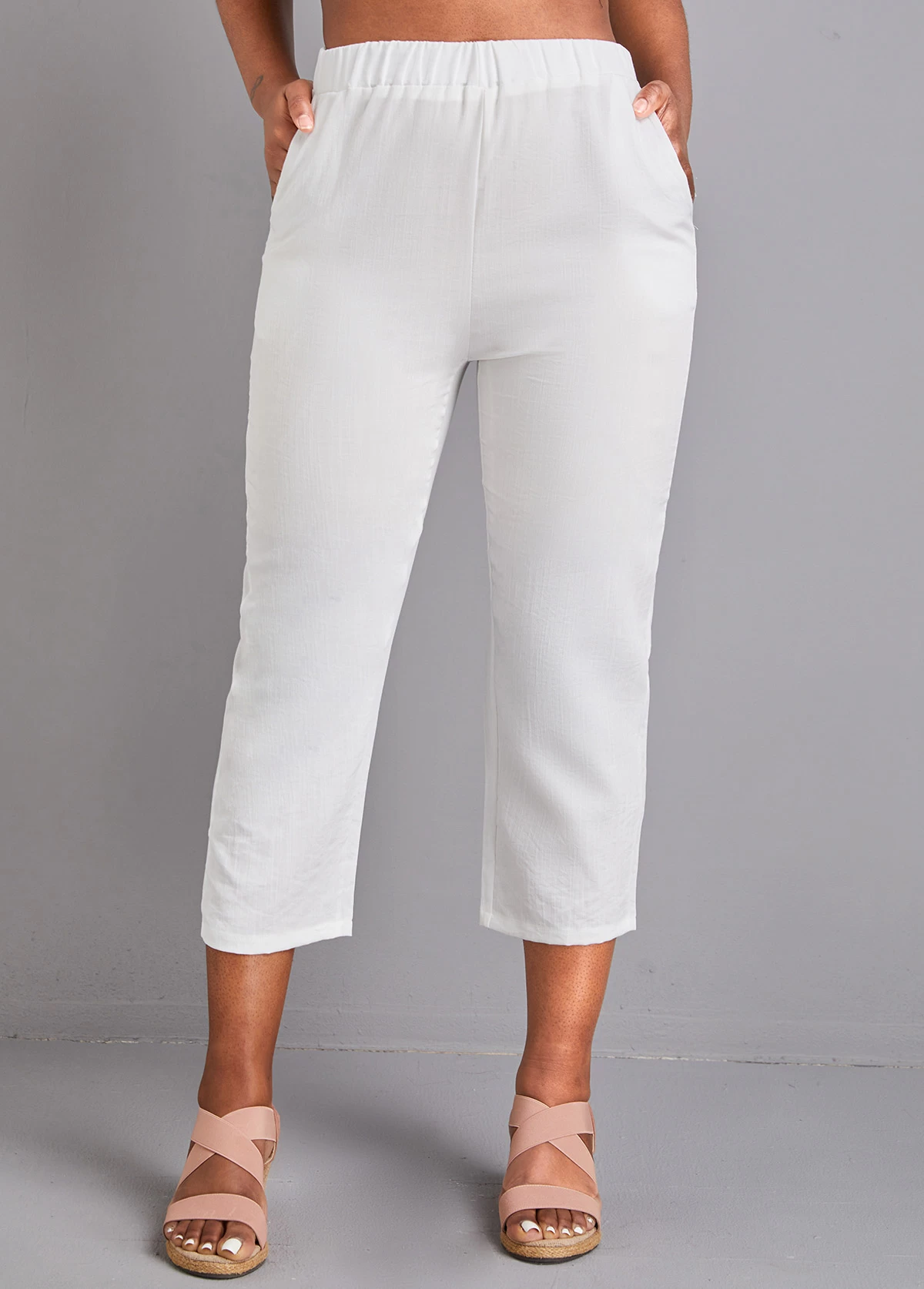 White Pocket Elastic Waist High Waisted Pants - Image 4