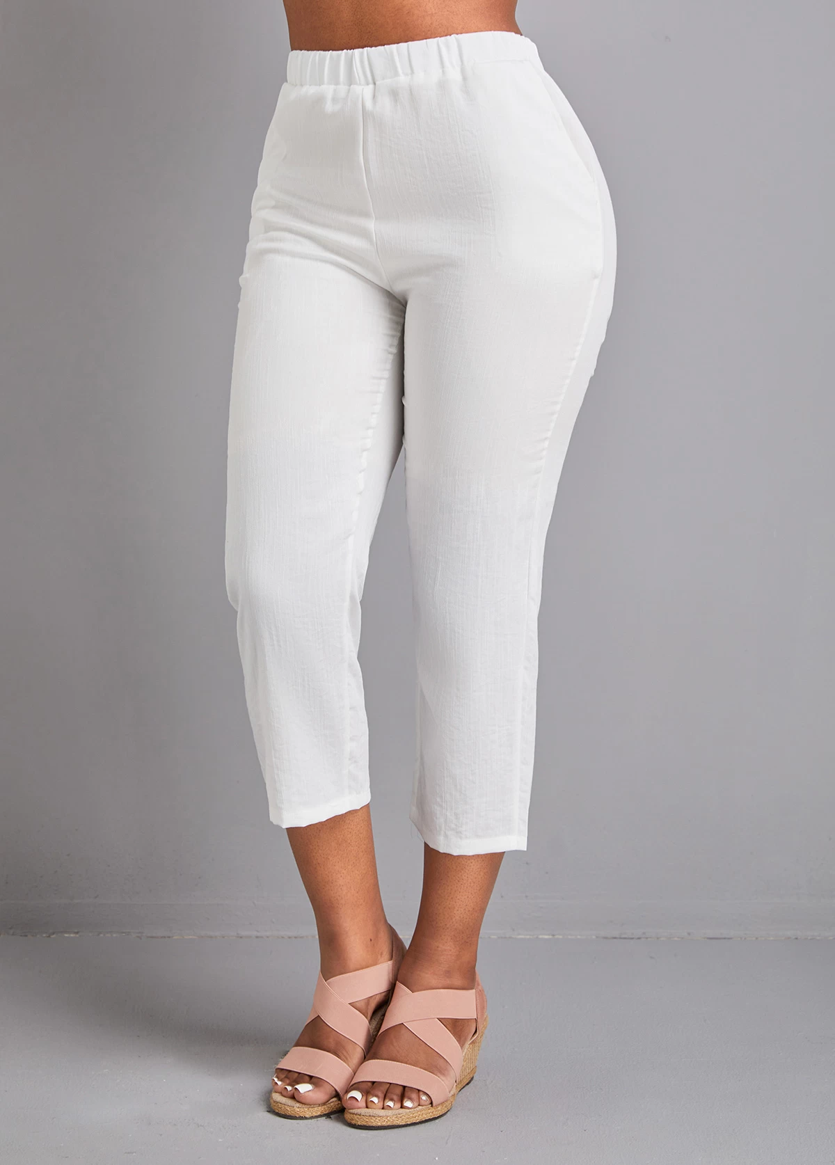 White Pocket Elastic Waist High Waisted Pants - Image 3
