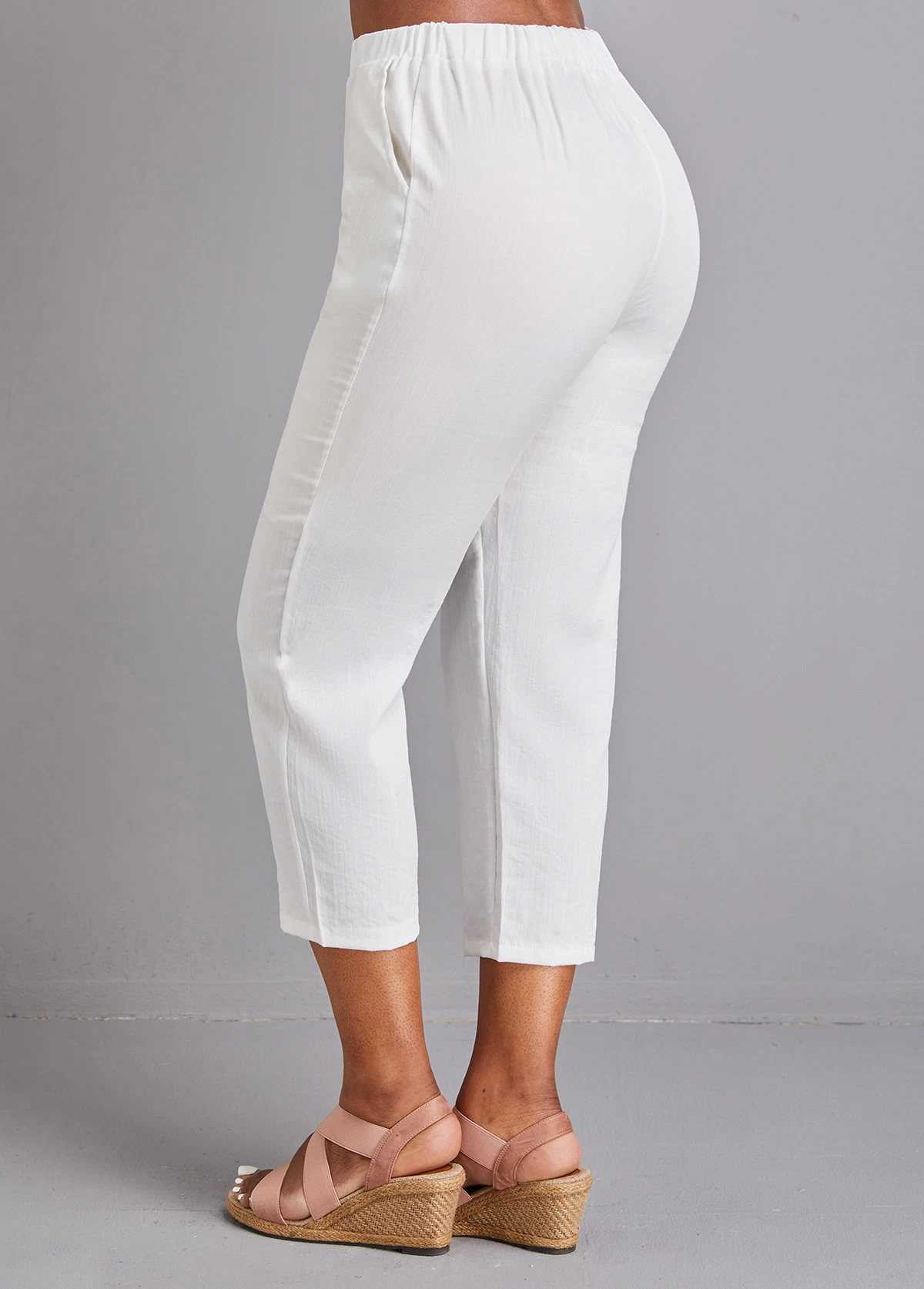 White Pocket Elastic Waist High Waisted Pants - Image 2